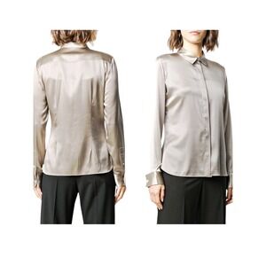 Theory Perfect Fitted Stretch Silk Button Up Shirt Blouse Womens Sz S Champagne